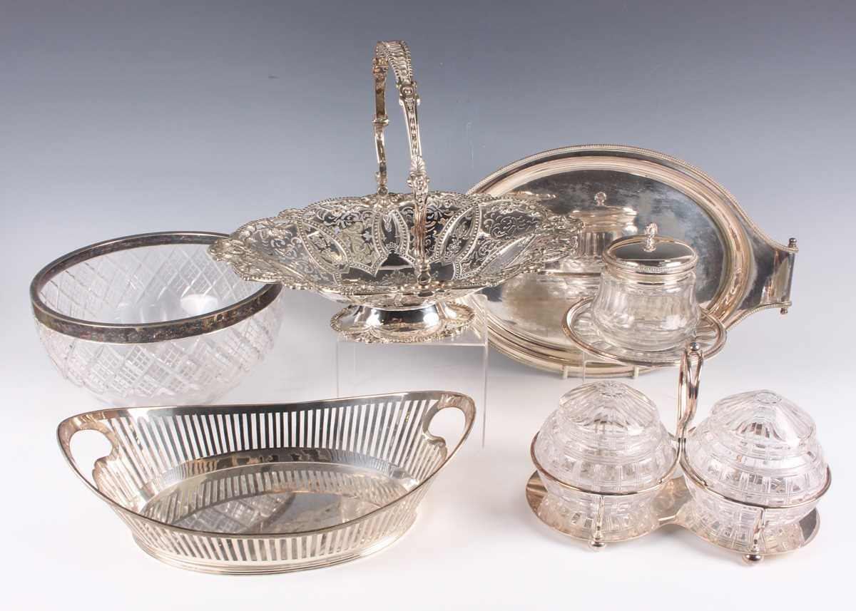 A group of plated items, including a swing-handled basket, two three-piece tea sets, a cocktail - Image 3 of 4