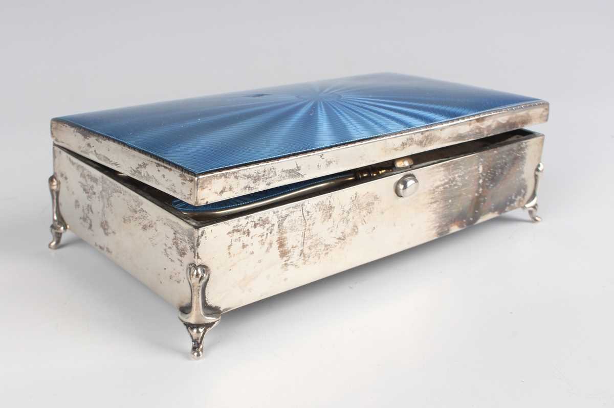 A George V silver and blue enamelled rectangular manicure box, the sprung lid revealing a matching - Image 2 of 8