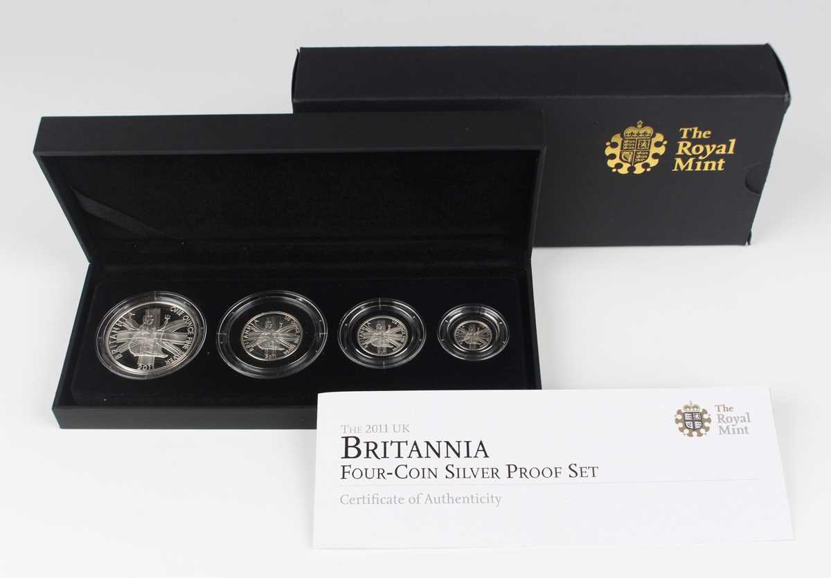 An Elizabeth II Royal Mint silver proof Britannia four-coin set 2011, boxed with certificate