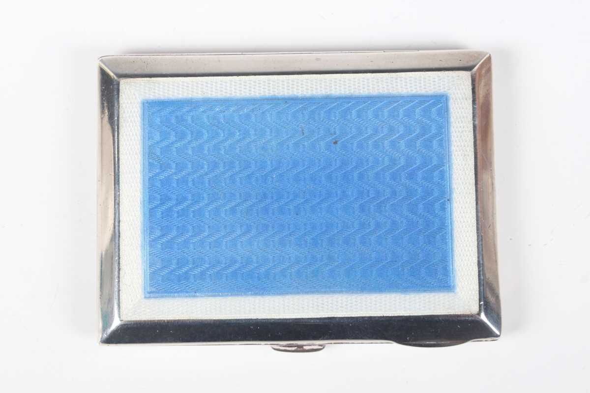 An Art Deco silver and pale blue enamelled rectangular cigarette case, Birmingham 1936 by Turner & - Image 6 of 8