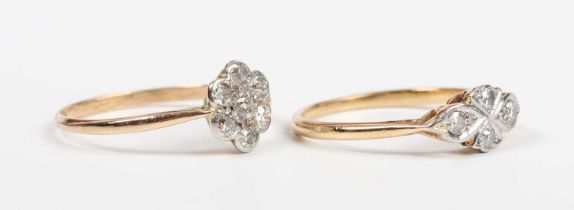 A gold and diamond seven stone cluster ring, mounted with old cut diamonds, detailed ‘18ct’, ring