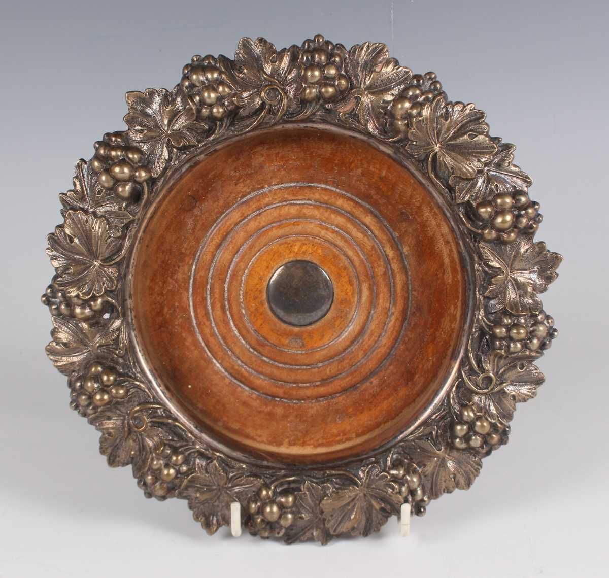 A late Victorian plate mounted circular tray, the oak base inset with a circular plaque beneath an - Image 6 of 7