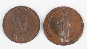 A Thomas Spence halfpenny mule token, detailed 'A Westminster Scholar' (DH 704), and an