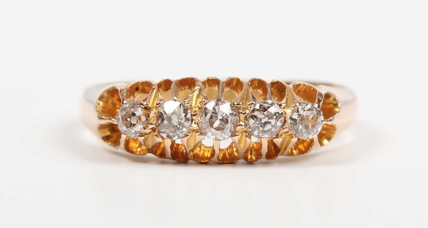 An 18ct gold and diamond five stone ring, mounted with a row of graduated old cut diamonds, London - Image 2 of 5