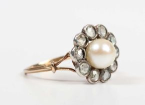 A gold, diamond and cultured pearl cluster ring, mounted with the single cultured pearl within a
