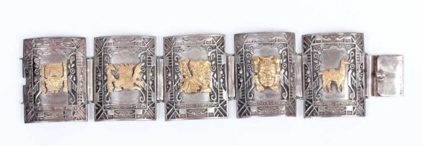 A Peruvian silver and gold panel link bracelet, each curved rectangular link decorated with a
