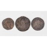 An Elizabeth I sixpence 1575, mintmark eglantine, a Charles I shilling, mintmark star, and a James I