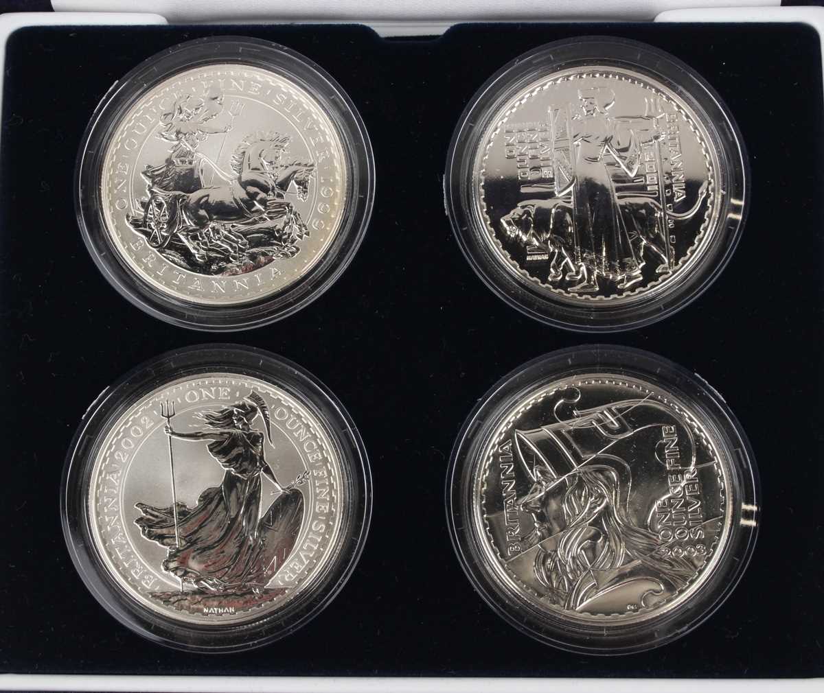 An Elizabeth II Royal Mint Britannia Design one-ounce silver bullion four-coin set, comprising 1999, - Image 3 of 6