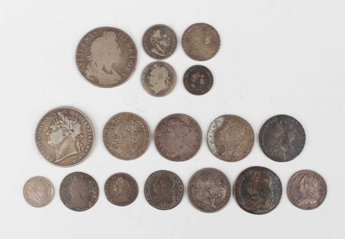 A collection of 17th, 18th and 19th century silver coinage, including a George I shilling SSC,