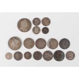 A collection of 17th, 18th and 19th century silver coinage, including a George I shilling SSC,