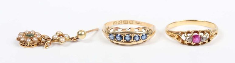 An 18ct gold and sapphire five stone ring, Chester 1915, weight 1.7g, ring size approx J, a gold