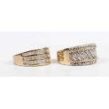 A 9ct gold and diamond ring in a triple row design, ring size approx Q, and another 9ct gold and