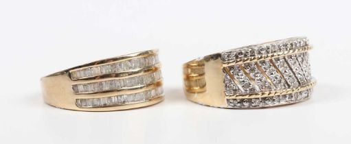 A 9ct gold and diamond ring in a triple row design, ring size approx Q, and another 9ct gold and