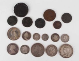 A collection of 17th, 18th and 19th century silver and copper alloy coinage, including an Anne