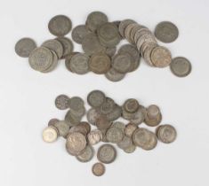 A collection of pre-1947 British silver nickel coinage, including half-crowns, florins, shillings,