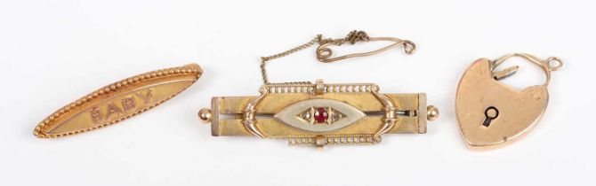 An Edwardian 9ct gold, rose cut diamond and red gem set bar brooch, Chester 1907, width 4.7cm, a