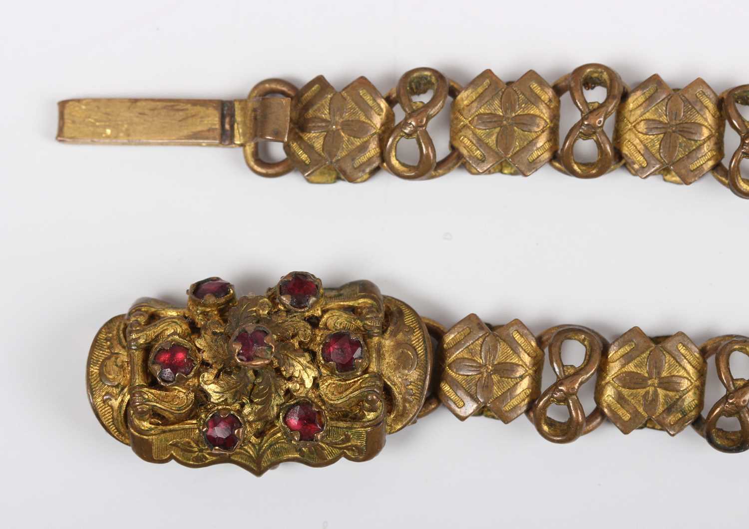 A pair of Victorian gilt metal and red paste bracelets, length 20.5cm, a colourless paste set - Image 2 of 5