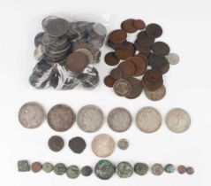 A collection of various European and world coinage, including an India one rupee 1920, a France