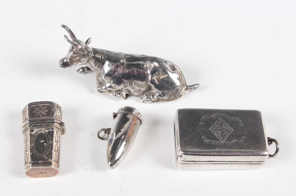 An Edwardian silver novelty snuff box in the form of a recumbent cow, import mark Chester 1903 by