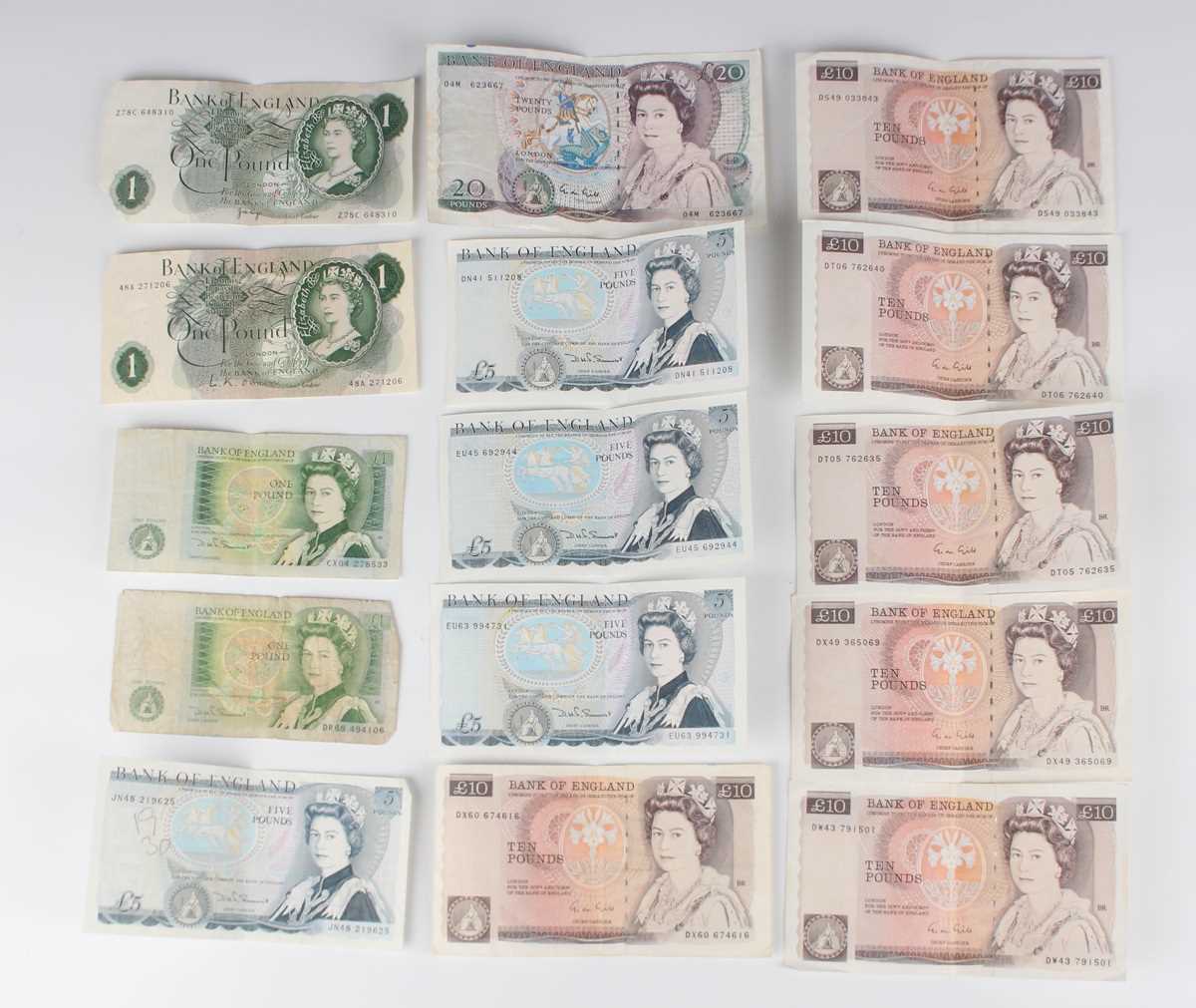 A group of various Elizabeth II Bank of England banknotes, comprising a twenty pounds note, Chief