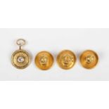 Three gold dress studs, each detailed '10ct', total weight 2g, and a gold and diamond single stone