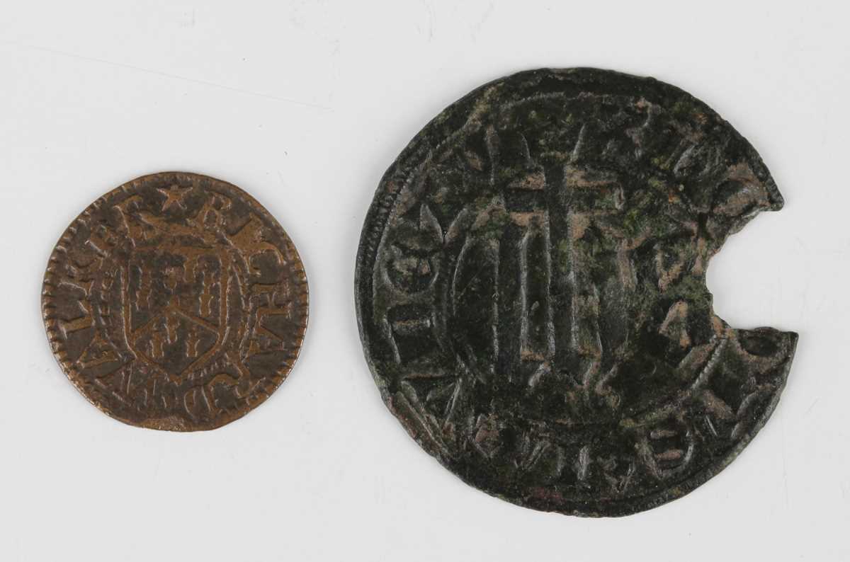 A 17th century Maidstone farthing token, issued by Richard Walker, grocer, 1658, together with a