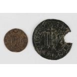 A 17th century Maidstone farthing token, issued by Richard Walker, grocer, 1658, together with a