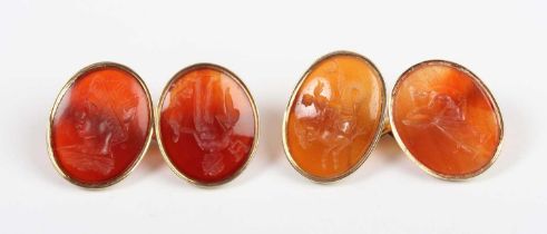 A pair of gold and cornelian intaglio oval cufflinks, each carved with a classical motif,