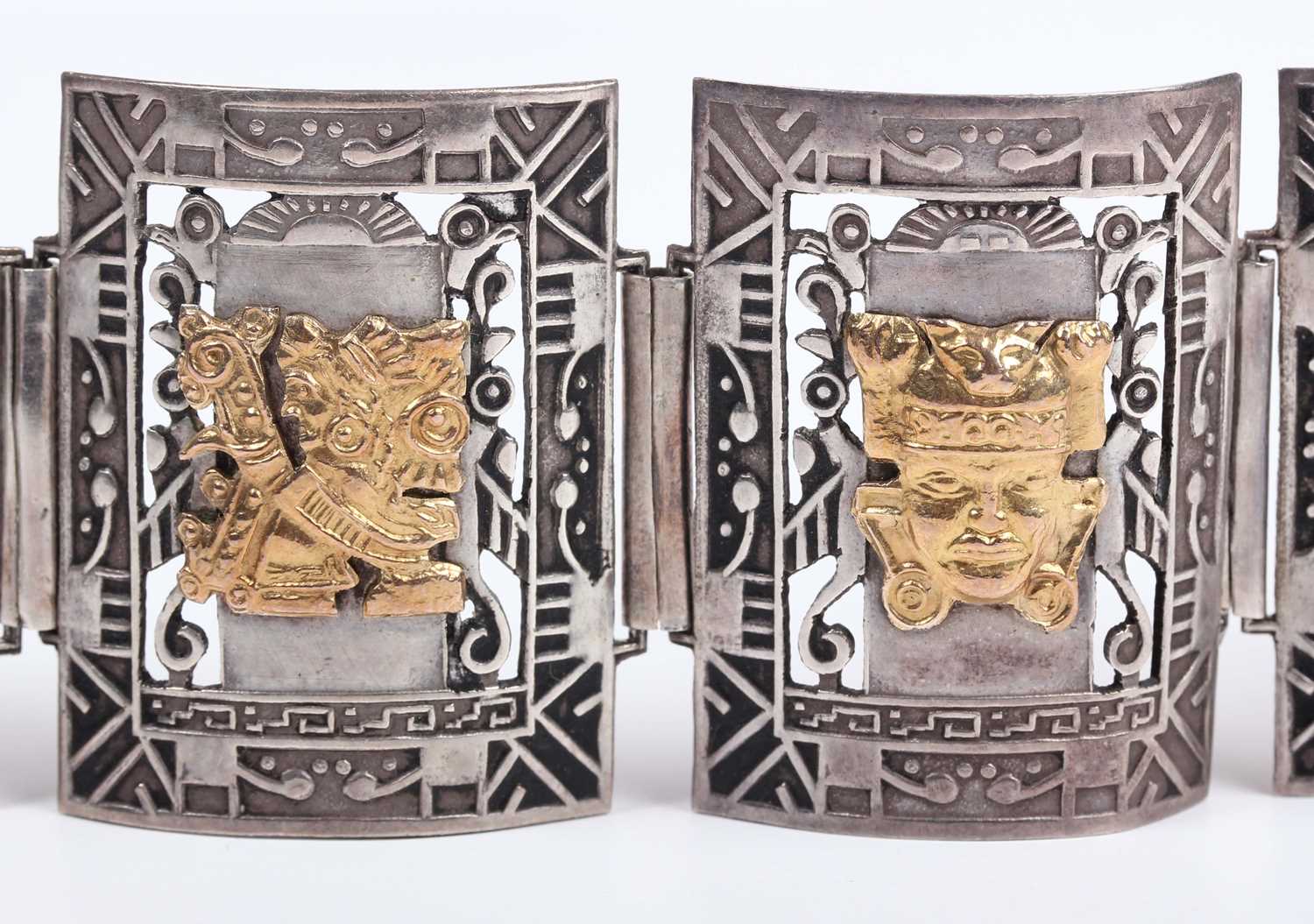 A Peruvian silver and gold panel link bracelet, each curved rectangular link decorated with a - Image 3 of 5
