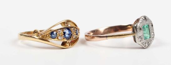A gold, sapphire and diamond ring, mounted with three cushion cut sapphires alternating with two