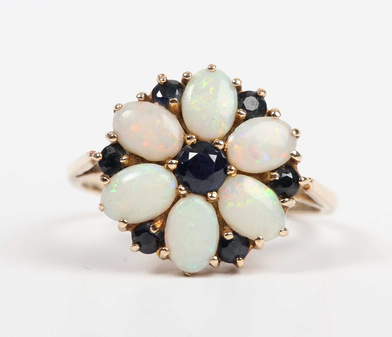 A 9ct gold, opal and sapphire cluster ring, mounted with the principal circular cut sapphire - Image 2 of 5