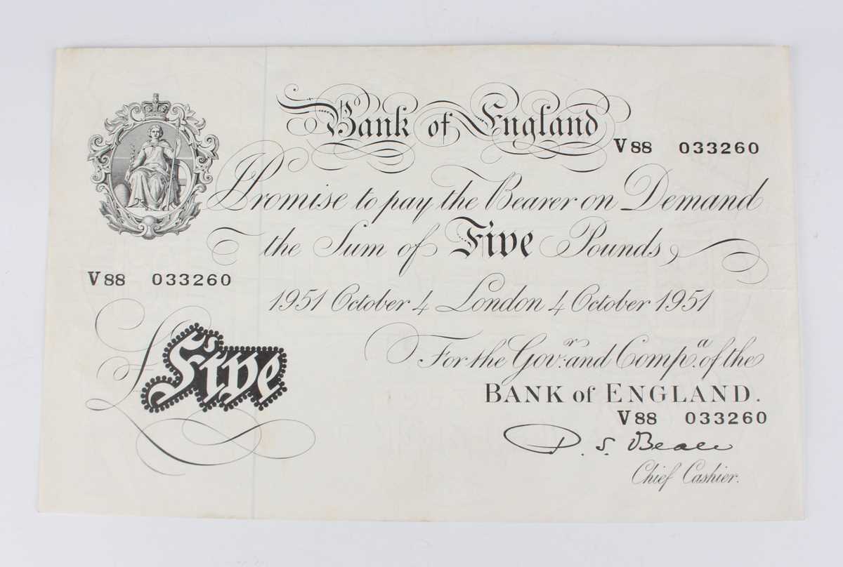 A Bank of England white five pounds note, Chief Cashier L.K. O'Brien, London 29th March 1955, serial - Image 4 of 5