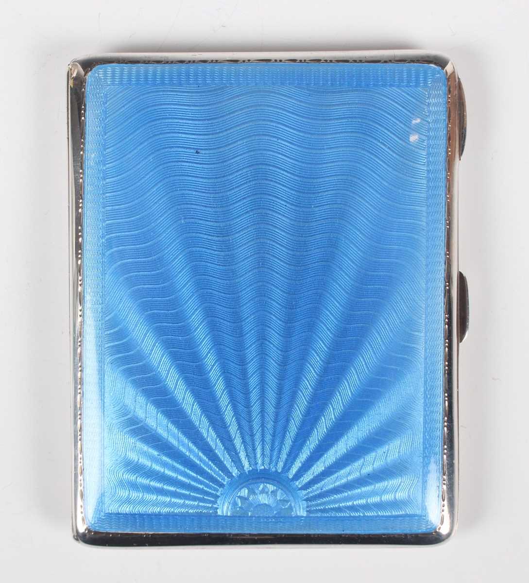 An Art Deco silver and pale blue enamelled rectangular cigarette case, Birmingham 1936 by Turner & - Image 2 of 8