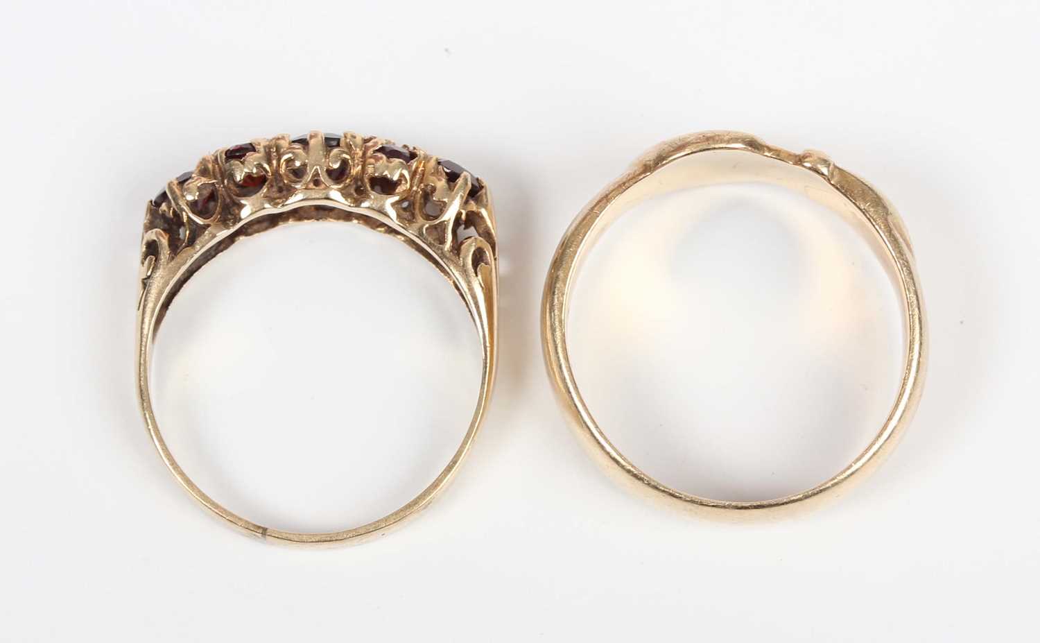 A 9ct gold ring in a buckle and strap design, Birmingham 1979, ring size approx N1/2, and a 9ct gold - Image 4 of 4