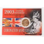 An Elizabeth II Royal Mint Gold Bullion sovereign 2003, within a presentation pack.