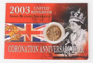 An Elizabeth II Royal Mint Gold Bullion sovereign 2003, within a presentation pack.