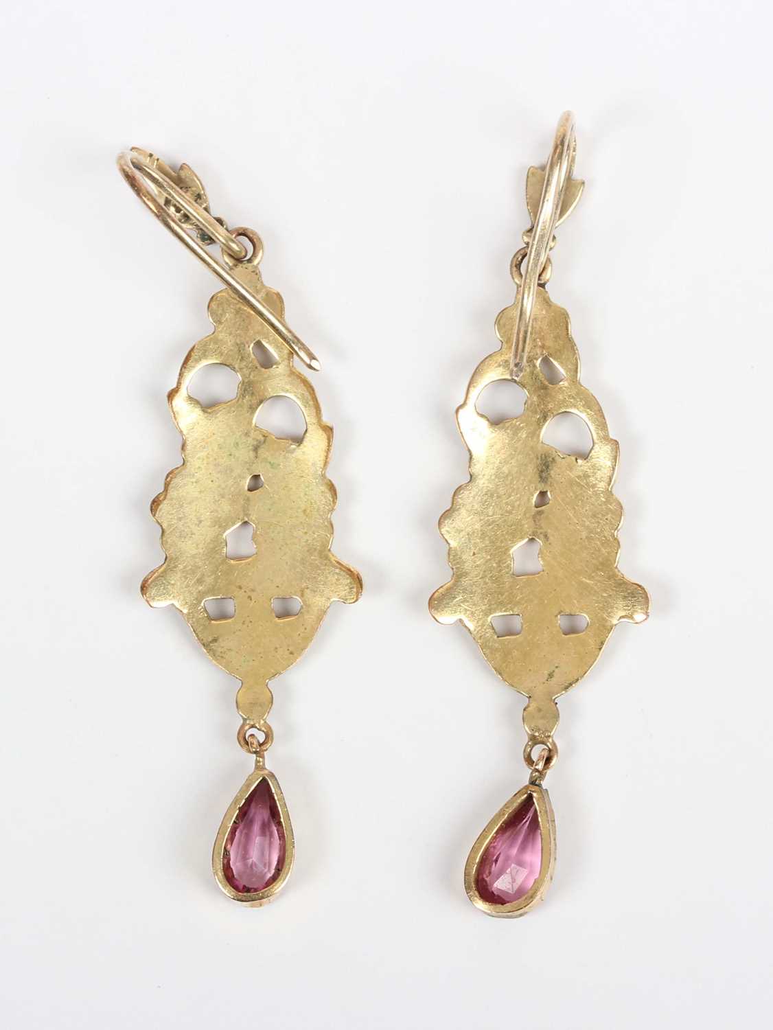 A pair of late Victorian gold pendant earrings, each in a floral design with a pear shaped pink - Image 2 of 4