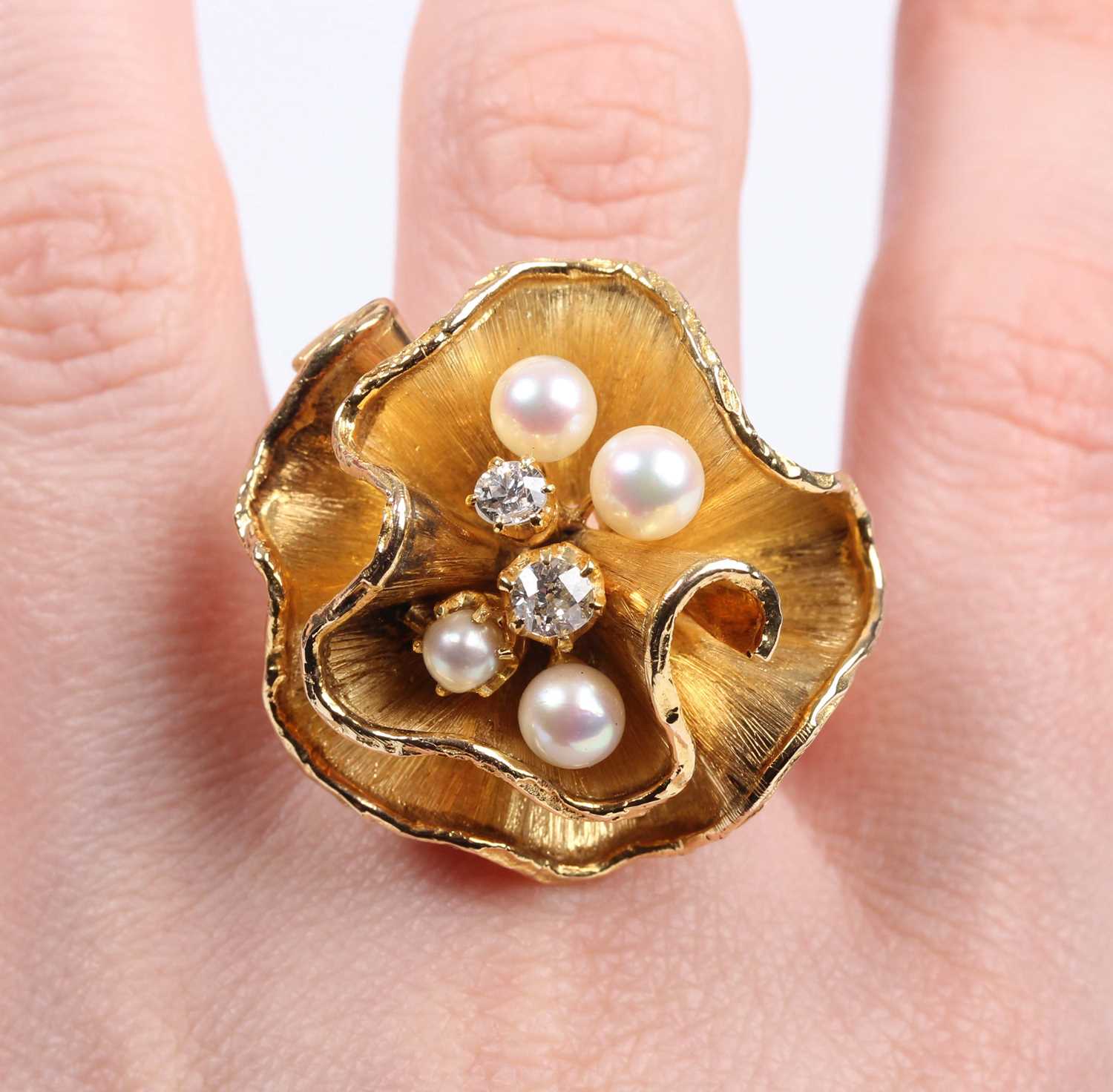 A gold, diamond and cultured pearl ring, mounted with two old cut diamonds and four cultured pearls, - Image 6 of 6