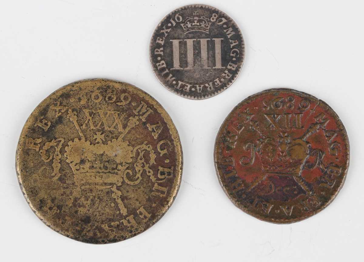 A James II silver fourpence 1687, a James II gun money shilling December 1689 and a James II gun - Image 2 of 2