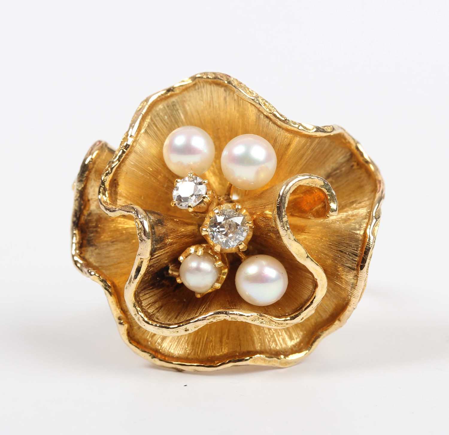 A gold, diamond and cultured pearl ring, mounted with two old cut diamonds and four cultured pearls, - Image 2 of 6