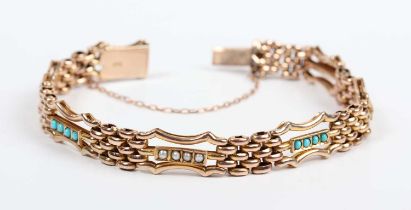A gold, turquoise and seed pearl bracelet in an oval and curved bar link design, on a snap clasp,