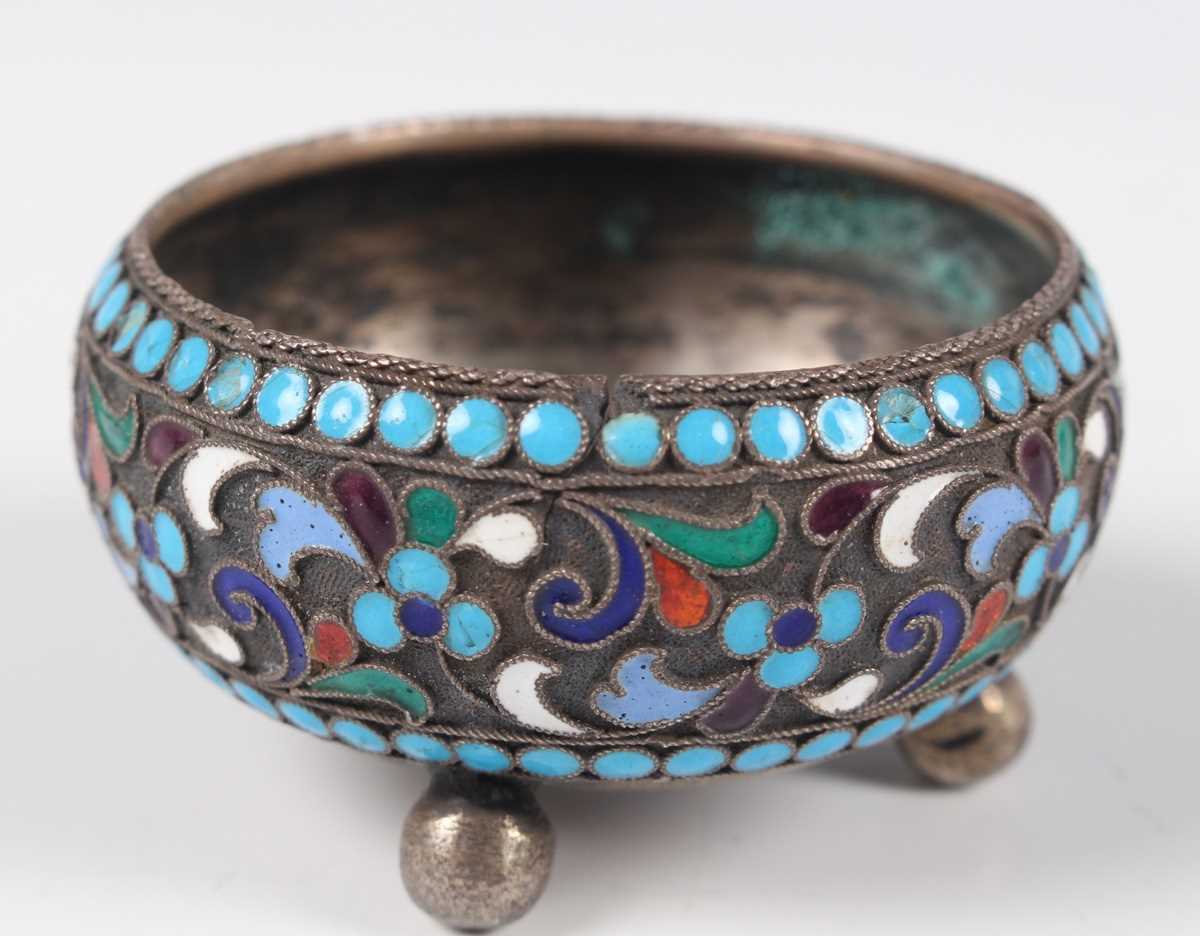 A pair of late 19th century Russian silver and cloisonné enamel circular salts, 84 zolotnik, each - Image 5 of 8