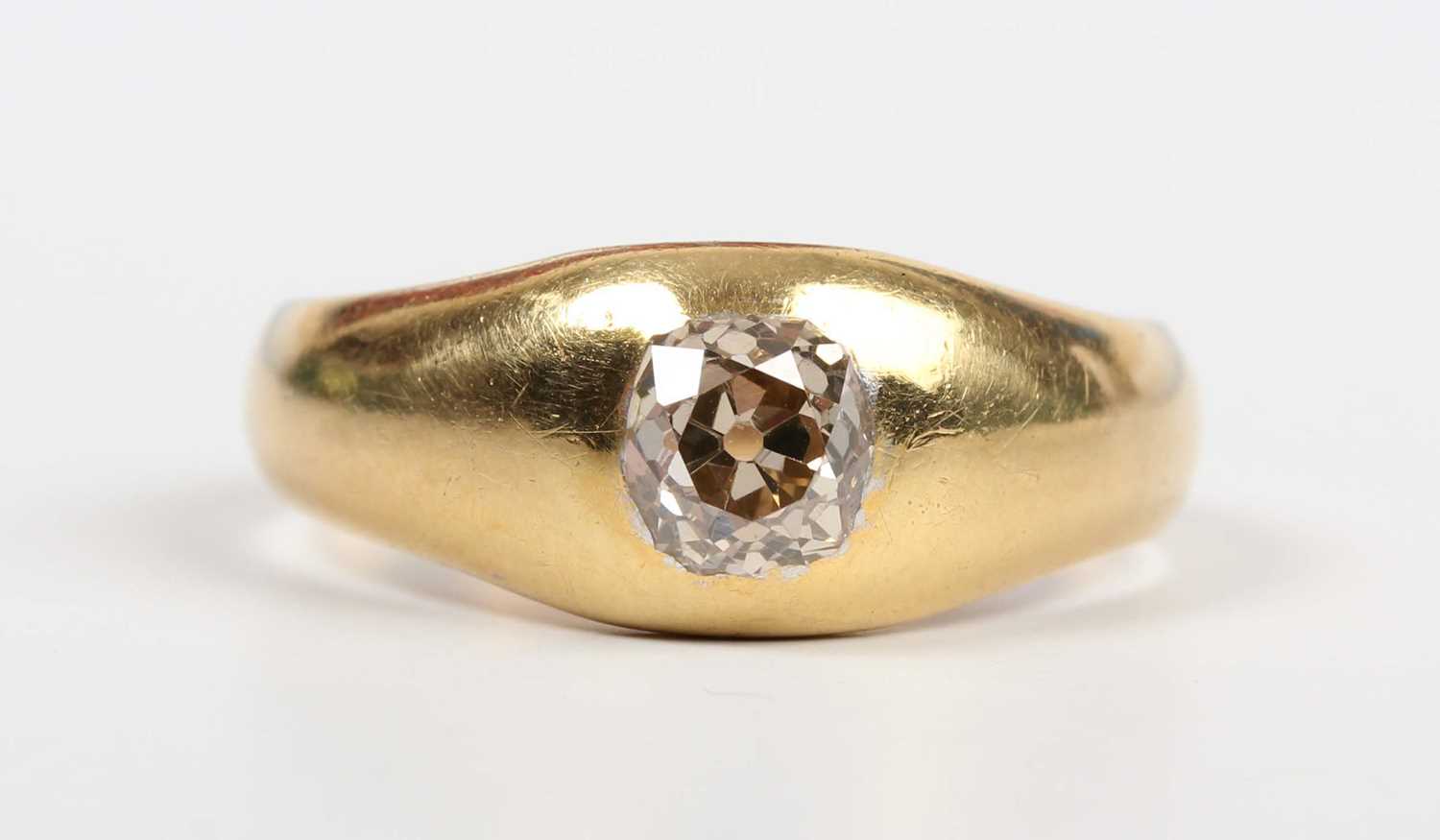 A gold and diamond single stone ring, gypsy set with an old cut diamond, traces of inscription - Image 2 of 5