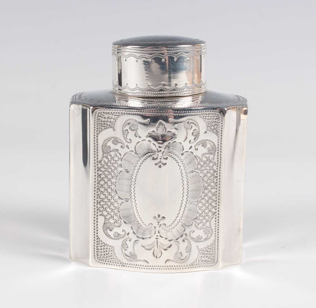 A late Victorian silver tea caddy and cover of shaped oval form with bright-cut decoration, - Image 4 of 10