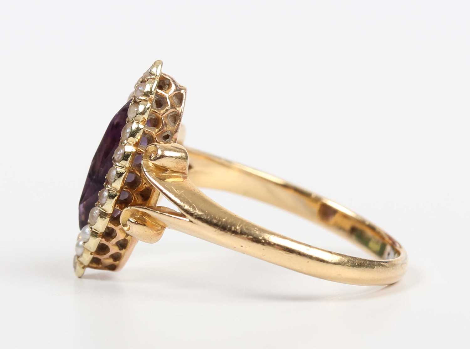 A gold, amethyst and seed pearl marquise shaped ring, mounted with the marquise shaped amethyst - Image 3 of 5