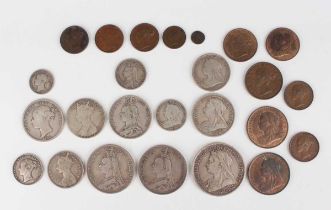A collection of Victorian silver and bronze coinage, including a Victoria Old Head crown 1893, two