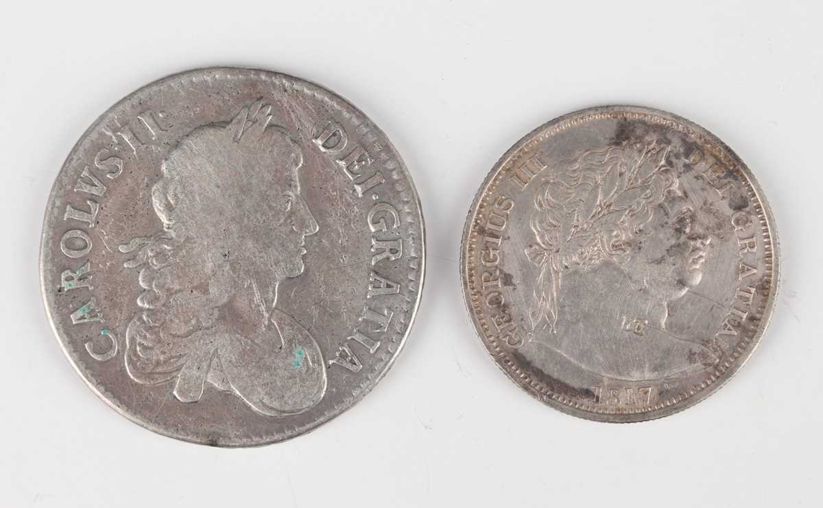 A Charles II silver crown 1671, edge detailed 'Vicesimo Tertio', together with a George III half-