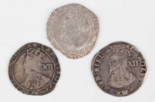 A Charles I shilling 1625-1649, mintmark possibly triangle, Sp 2793, and two other Charles I
