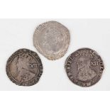 A Charles I shilling 1625-1649, mintmark possibly triangle, Sp 2793, and two other Charles I