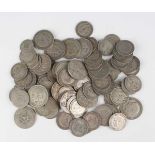 A collection of pre-1947 British silver nickel coinage, including florins, shillings and sixpences.
